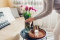 Woman puts vase with tulips flowers on table. Housewife taking care of coziness at home. Interior and spring decor Royalty Free Stock Photo