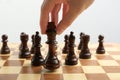 Woman putting chess piece on board. Career promotion concept