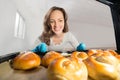 Woman Putting Chicken View From Inside The Oven Royalty Free Stock Photo
