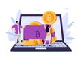 Woman putting golden crypto coin into purse on laptop computer. Concept of personal Bitcoin wallet for cryptocurrency. Royalty Free Stock Photo