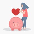 Woman putting heart Piggy bank concept