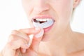 Woman putting her gum shield Royalty Free Stock Photo