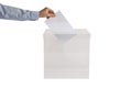 Woman putting her vote into ballot box on white, closeup