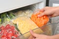 Woman putting plastic bag with carrot in refrigerator with frozen vegetables Royalty Free Stock Photo