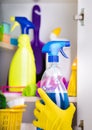 Woman putting spray bottle in pantry