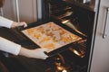 Woman putting tray with christmas cookies in oven close up in modern kitchen. Baking gingerbread cookies. Family holiday Royalty Free Stock Photo