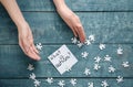 Woman, puzzle pieces and sticky note with phrase Royalty Free Stock Photo