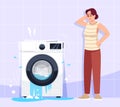 Woman puzzled by appliance breakdown semi flat vector illustration