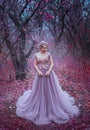 Woman queen in autumn magic forest trees. princess crown. Medieval long dress