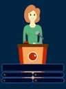 Woman on quiz game with answers . Colorful flat cartoon vector illustration. Quiz brainy game