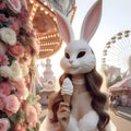 A woman in a rabbit mask at an amusement park. Fashion carnival style photo shoot