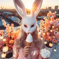 A woman in a rabbit mask on a roof. Fashion carnival style photo shoot