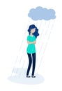 Woman rain cloud. Depressed girl feeling lonely depression unhappy teen solitude sadness grief stress apathy vector Royalty Free Stock Photo