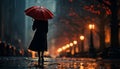 a woman in rain holding a red umbrella generative AI Royalty Free Stock Photo