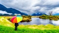 Woman with a rainbow colored Umbrella under dark rain clouds on a cold spring day at the lagoons of Pitt-Addington Marsh Royalty Free Stock Photo