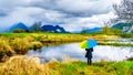 Woman with a rainbow colored Umbrella under dark rain clouds on a cold spring day at the lagoons of Pitt-Addington Marsh Royalty Free Stock Photo