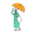 Woman in raincoat flat contour vector illustration