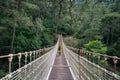 Woman with raincoat walikng on suspension bridge