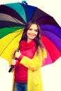 Woman in rainproof coat under umbrella