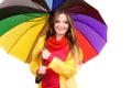 Woman in rainproof coat under umbrella