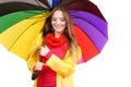 Woman in rainproof coat under umbrella