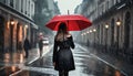woman in rainy day with red umbrella on the street Royalty Free Stock Photo
