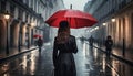 woman in rainy day with red umbrella on the street Royalty Free Stock Photo