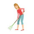 Woman With Rake Gardening, Cartoon Adult Characters Cleaning And Tiding Up