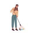 Woman with rake gathering garbage trash isolated