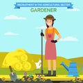 Woman with Rake near Flower Bed on Farm. Gardener.