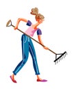 Woman with rake working isolated on white backdrop