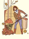 Woman raking leaves. Hand drawn vector illustration in warm colors.