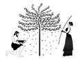 Woman raking an olive tree and man picking olives. Ancient Greece style