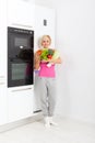 Woman raw fresh vegetables refrigerator