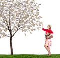 A woman reaching up picking money off a tree