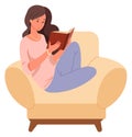 Woman read in cozy armchair. Hobby icon. Resting person