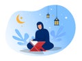 Woman is reading Al Quran on night Ramadan day on blue background vector illustrator