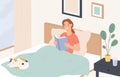 Woman reading in bed. Young girl reads book and relaxes on sofa. Lazy home rest, reading literature before sleeping, flat vector Royalty Free Stock Photo