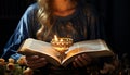 A woman reading the Bible, praying, holding a candle at night generated by AI Royalty Free Stock Photo