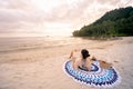 Woman is reading a book on beach Royalty Free Stock Photo