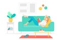 Woman reading book flat vector illustration. Young lady lying on couch with interesting novel cartoon character. Female