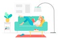 Woman reading book flat vector illustration. Young lady lying on couch with interesting novel cartoon character. Female