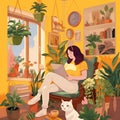 Woman reading book at home, Girl relaxed sitting on cozy armchair . Modern house interior with plants, bookshelf.