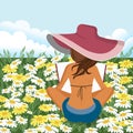 Woman reading book outdoors. Woman relaxing on field. Summer and spring background Royalty Free Stock Photo