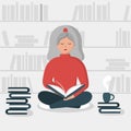 Woman Reading Book With Pile Of Books. Distance Studying, Earning And Self Education Concept. Flat Cartoon Style Vector Illustrati