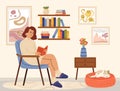 Woman reading book. Scandinavian interior, books read and relaxing. Cozy living room, girl sitting in chair and cat