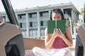 Woman reading book while sitting on boat Royalty Free Stock Photo