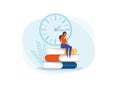 Woman reading book, sitting on stack of giant books. Time to read books Concept Flat vector illustration