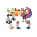 Woman with reading book in the sofa and children Royalty Free Stock Photo