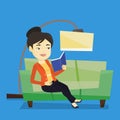 Woman reading book on sofa vector illustration.